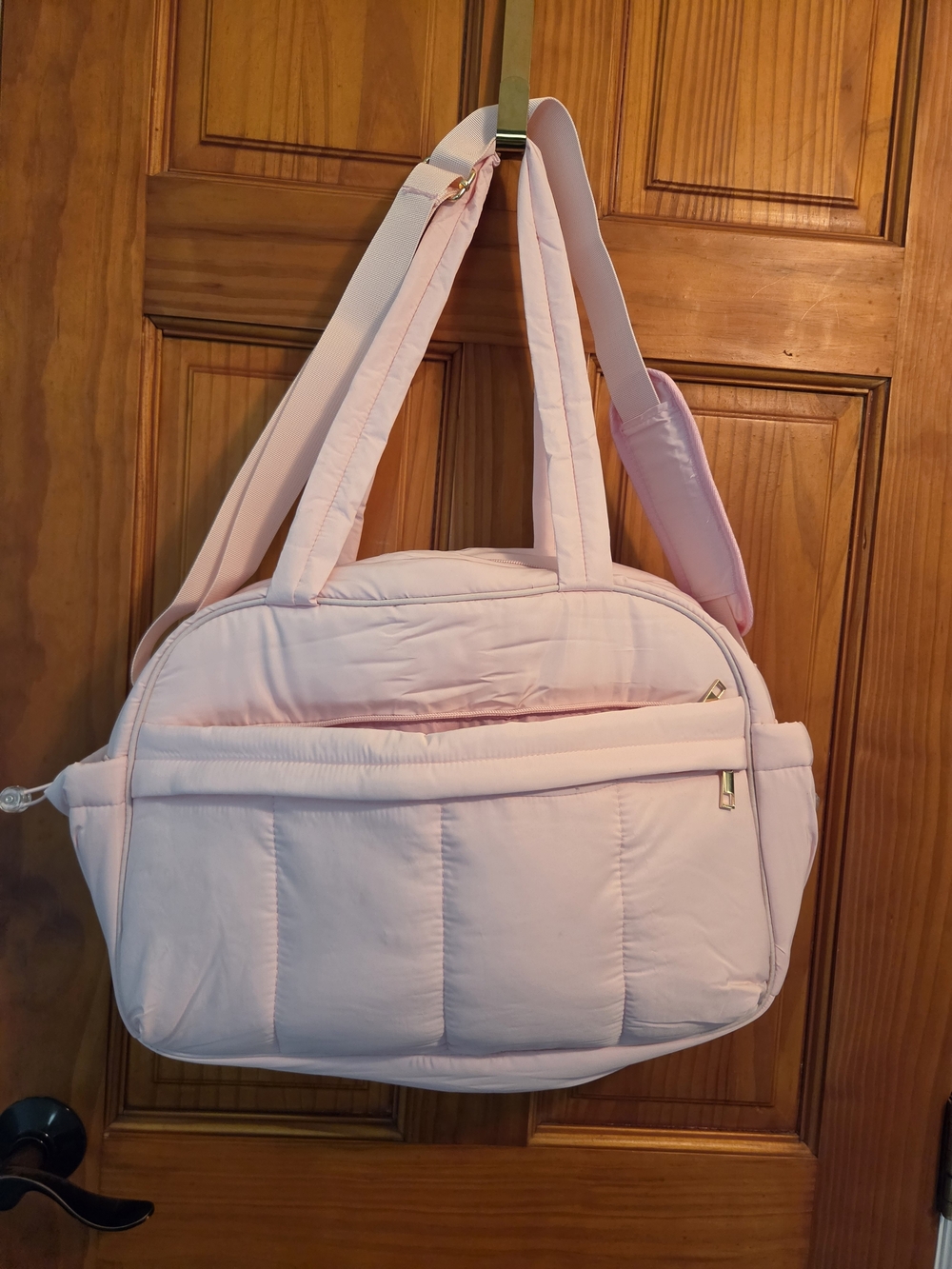 Pink Puffy Quilted Tote Duffle Gym Baby Diaper Womans Shoulder Bag Lightweight